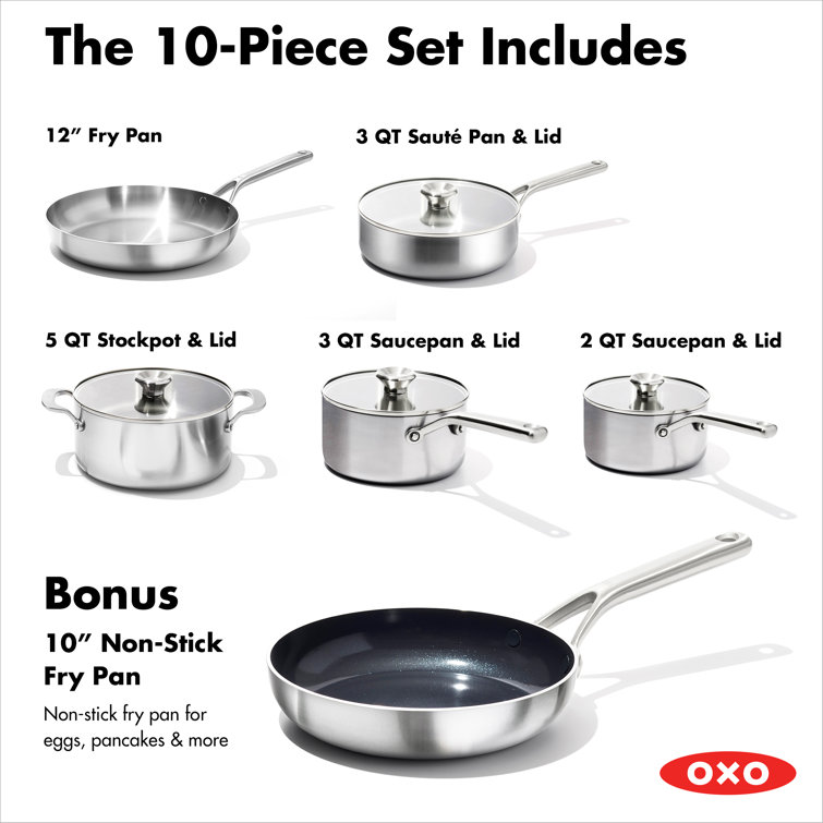 OXO Mira 3-Ply Stainless Steel Cookware Pots And Pans Set, 10